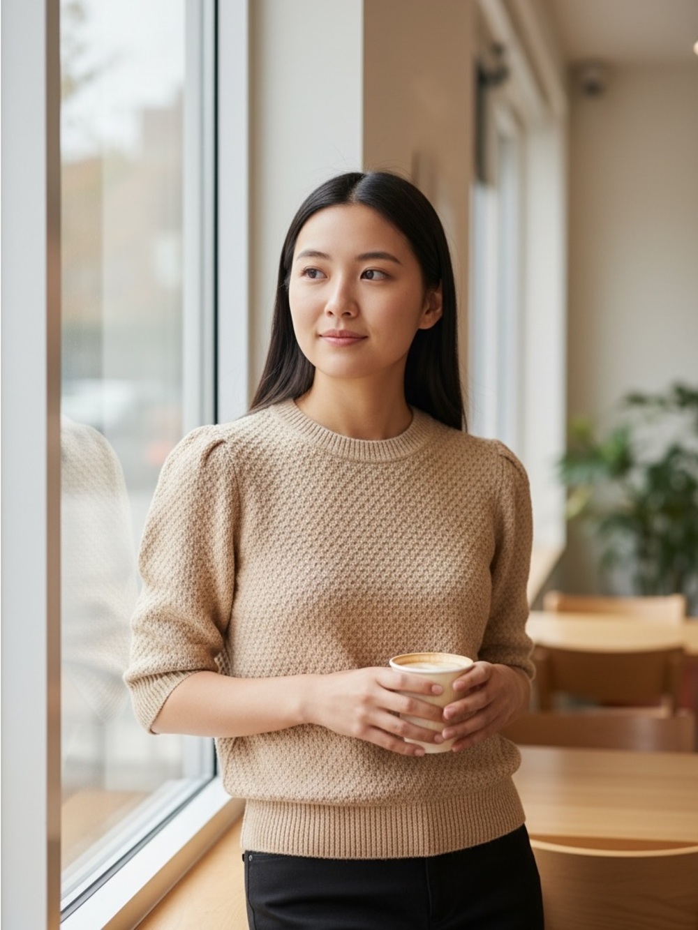 Caslon Beige Textured Puff-Sleeve Crewneck Sweater